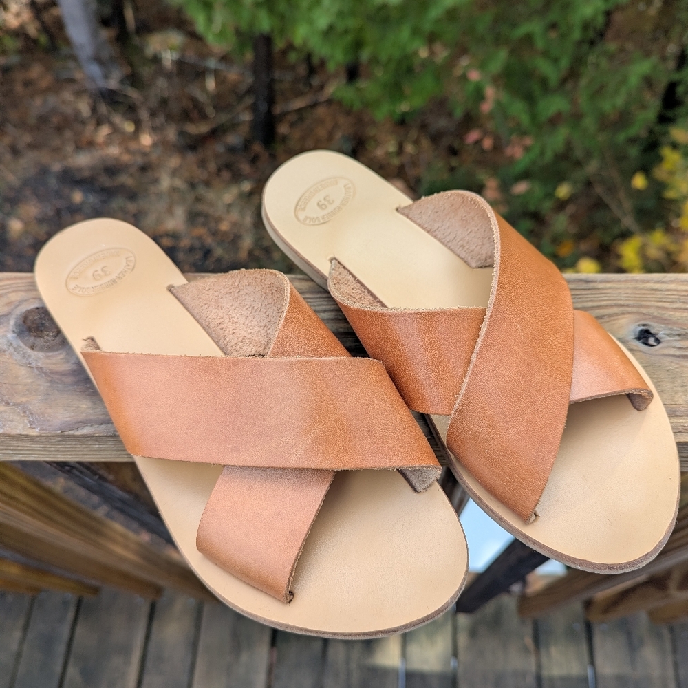 Handmade Natural Leather Cross Slide Sandals